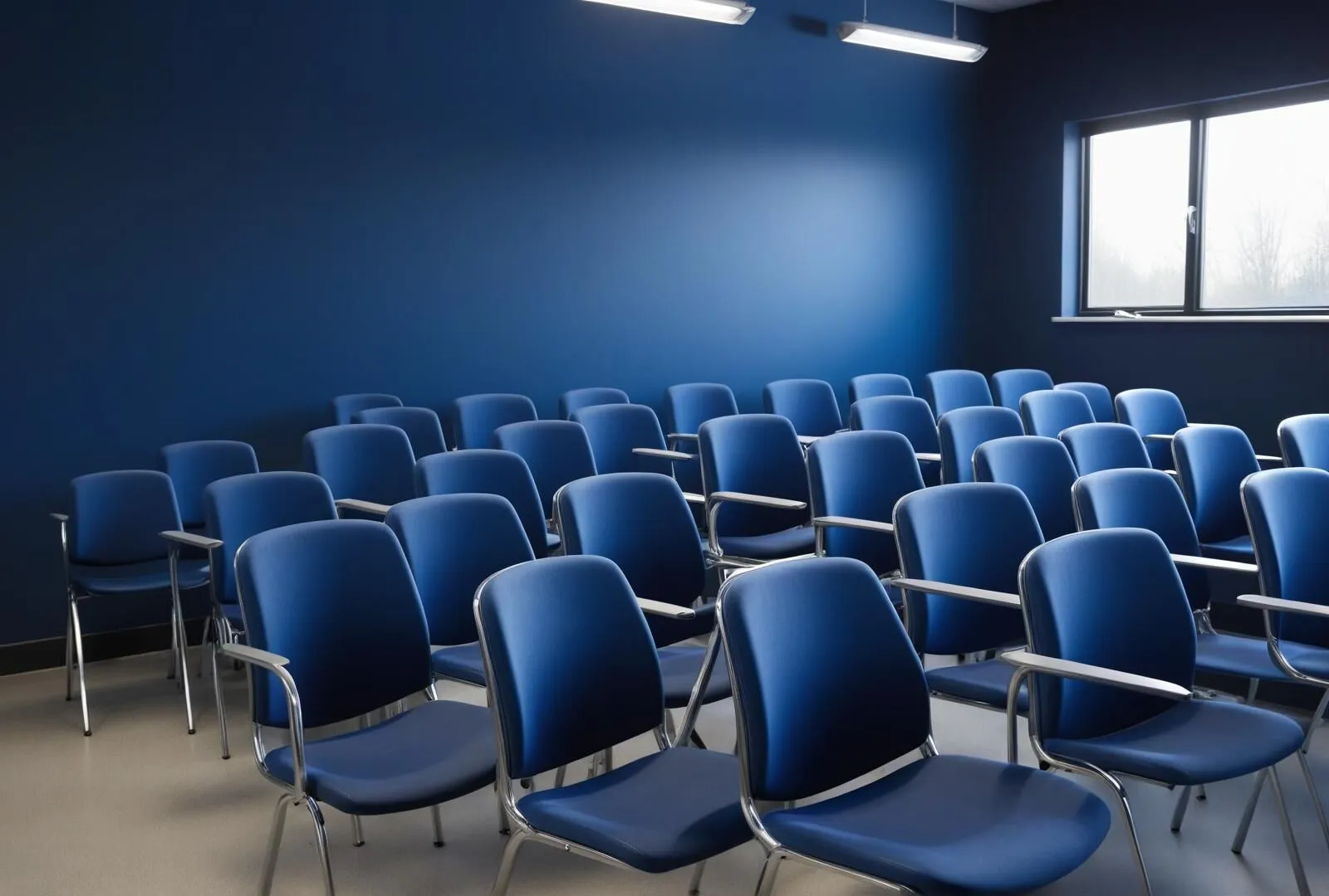 Aktuelles Reihen leerer blauer Stühle mit Armlehnen sind in einem Klassenzimmer oder Besprechungsraum mit blauen Wänden, unter Deckenleuchten und neben einem Fenster angeordnet, das Tageslicht hereinlässt.