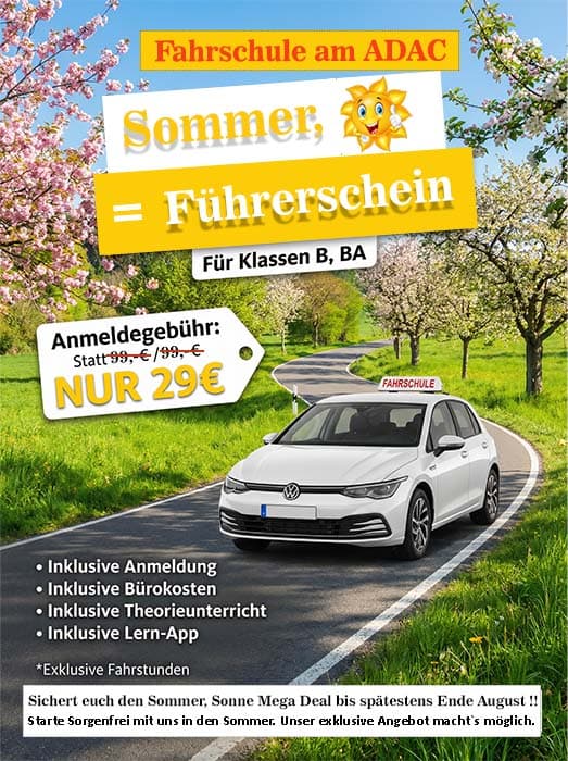 ein weißer volkswagen fährt auf einer malerischen straße, gesäumt von blühenden bäumen. der text wirbt für ein sommerangebot einer fahrschule: ermäßigte anmeldegebühr, inklusivleistungen und eine fröhliche sonnengrafik unter der Überschrift „sommer = führerschein“. ein weißer volkswagen fährt auf einer malerischen straße, gesäumt von blühenden bäumen. der text wirbt für ein sommerangebot einer fahrschule: ermäßigte anmeldegebühr, inklusivleistungen und eine fröhliche sonnengrafik unter der Überschrift „sommer = führerschein“.